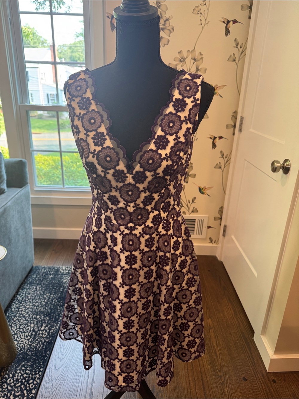 ERIN by Erin Fetherston Purple Floral Lace Fit-and-Flare Dress on Cream